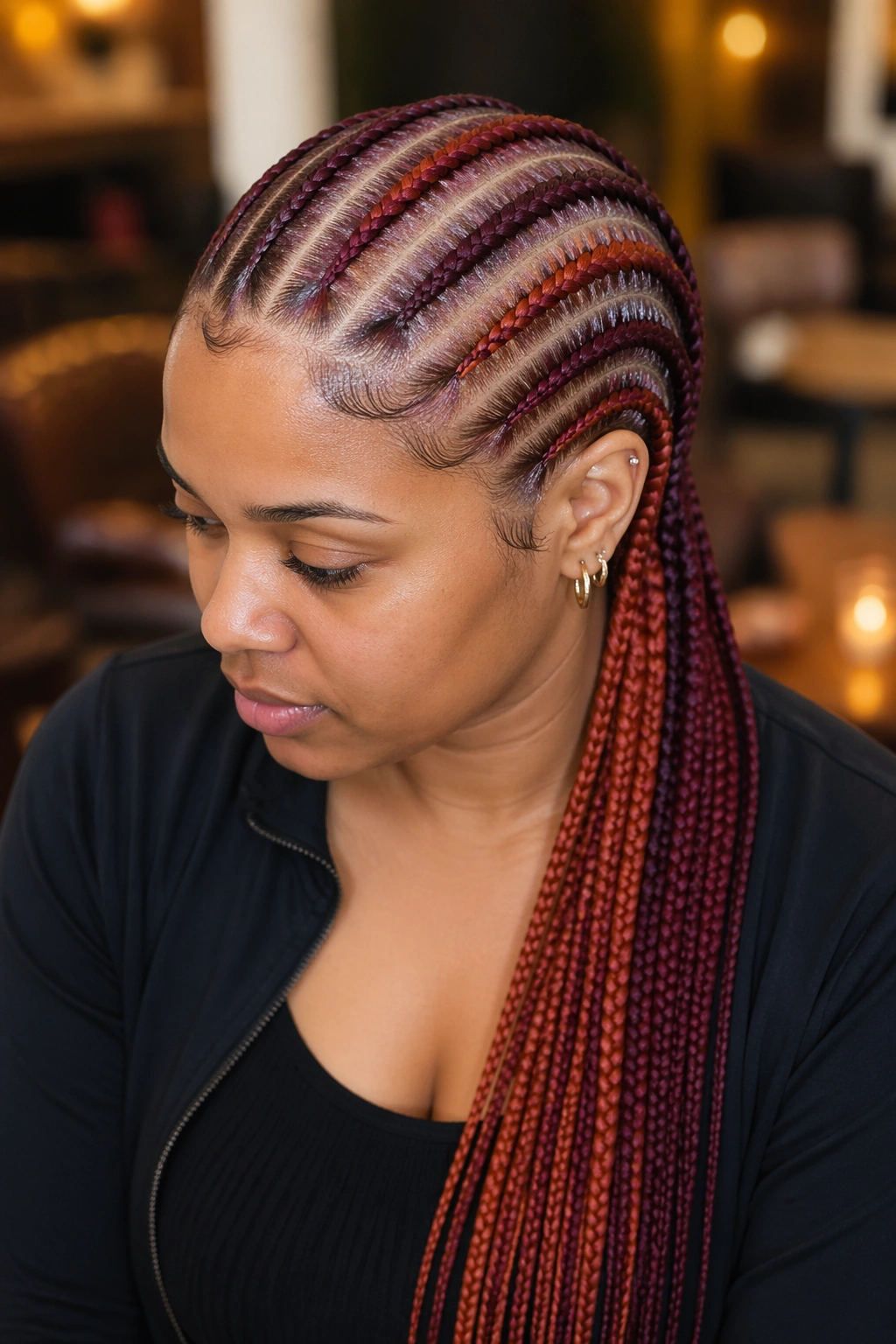 Close-up of burgundy and copper feed-in cornrows alternating across the head