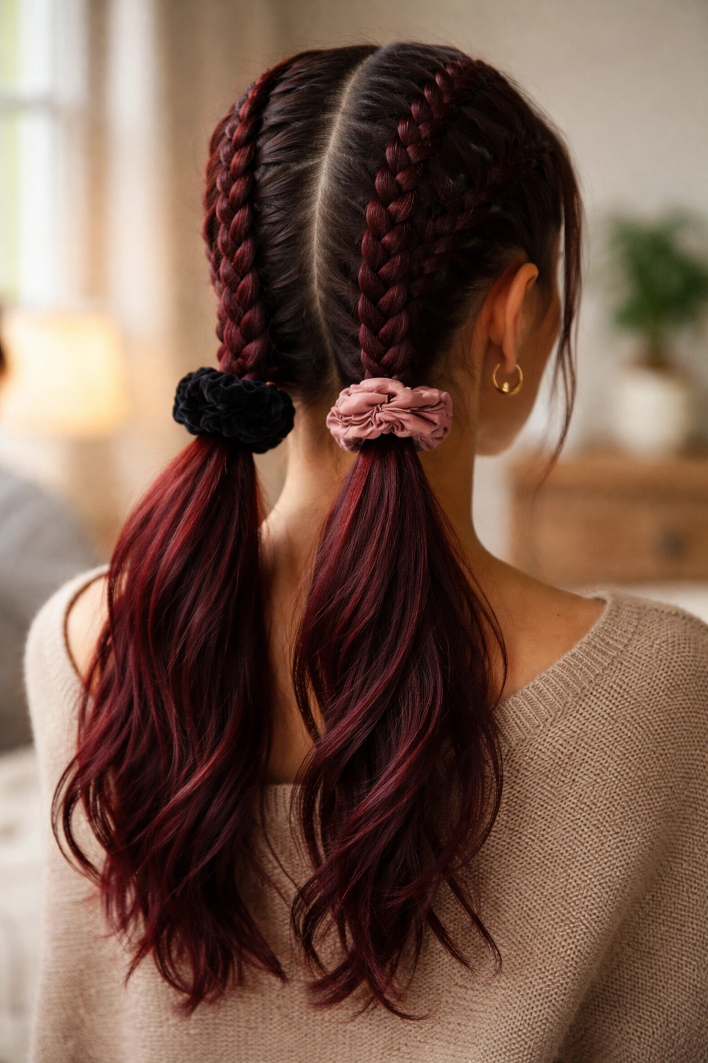 Close-up of burgundy cornrow pigtails on a real person with scrunchies