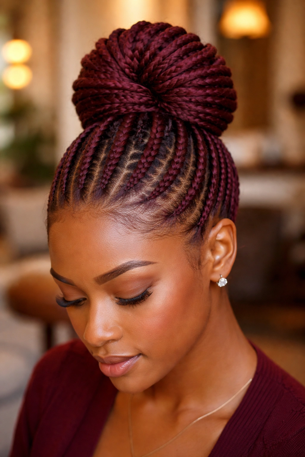 Real person with burgundy cornrow updo at crown