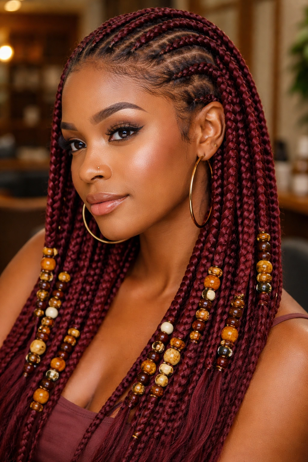 Close-up of burgundy cornrows threaded with beads along their length