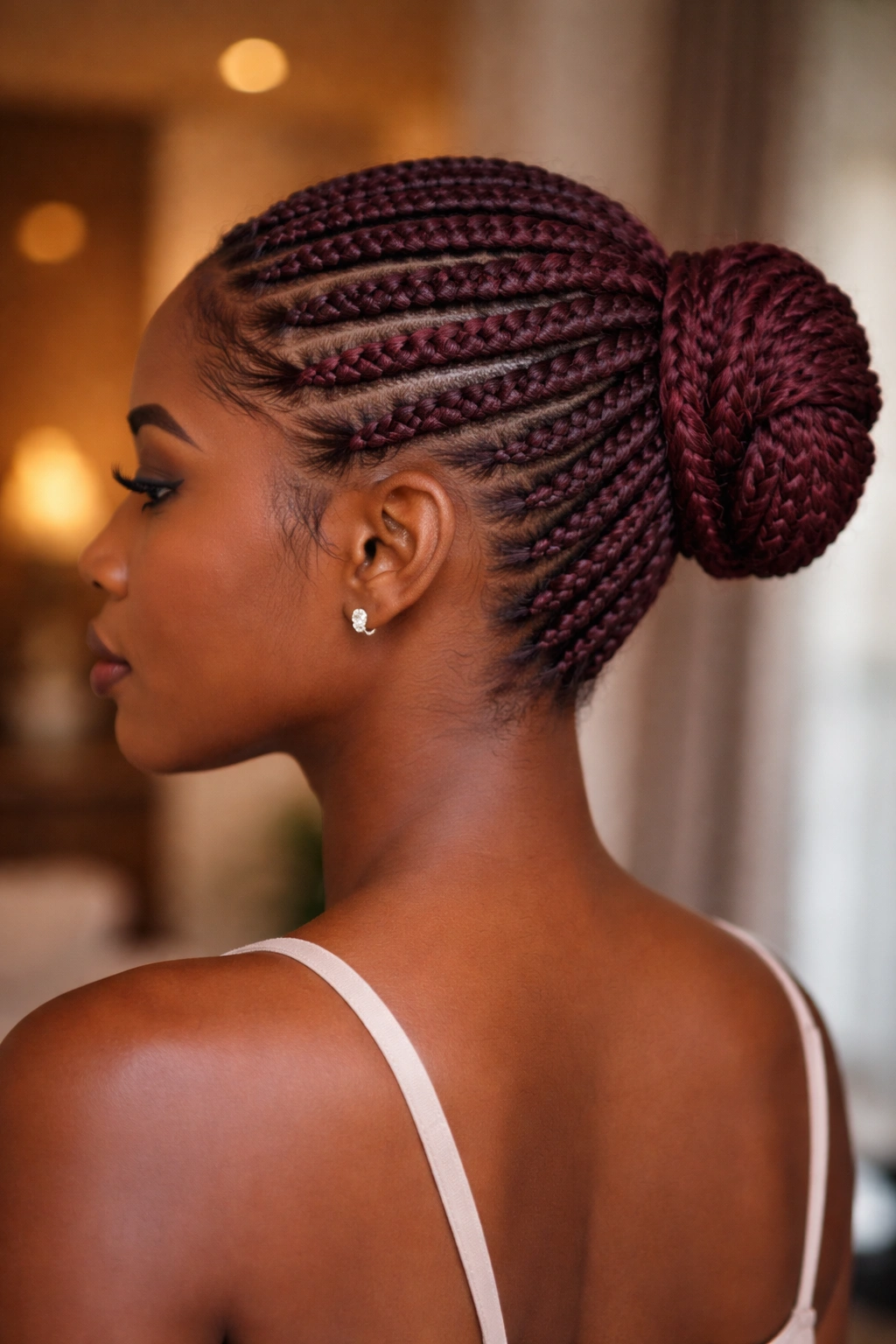 Close-up of burgundy cornrows formed into a bun on a real person