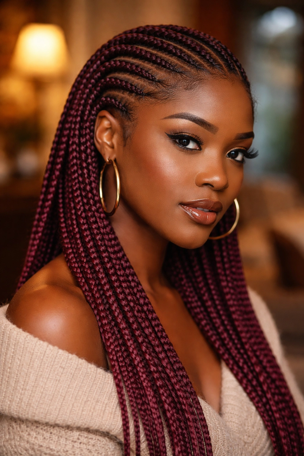 Cornrows with burgundy wine tones on a real woman