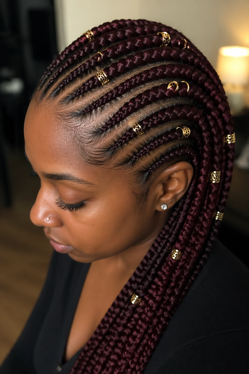 Close-up burgundy cornrows with gold cuffs on a real person