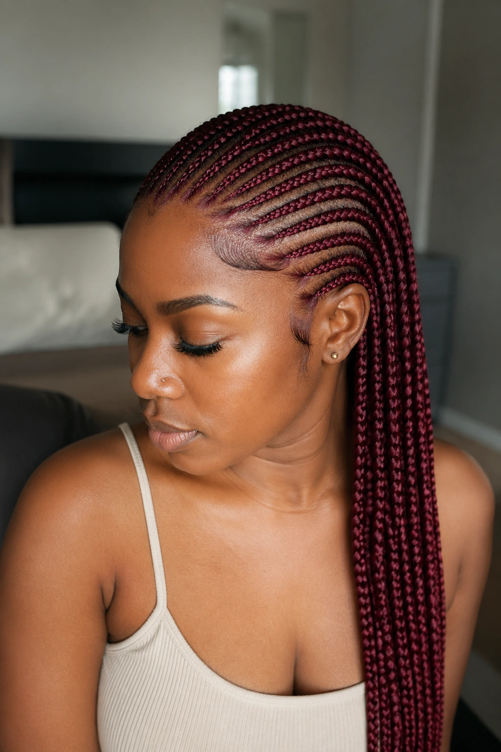 Close-up of a real woman with burgundy cornrows covering the head under natural window light.