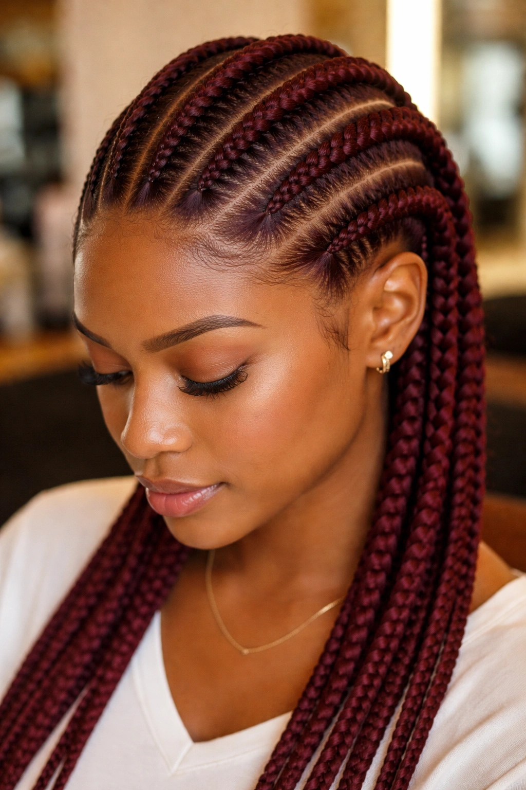 Close-up portrait of a real woman with six burgundy feed-in cornrows in a salon setting