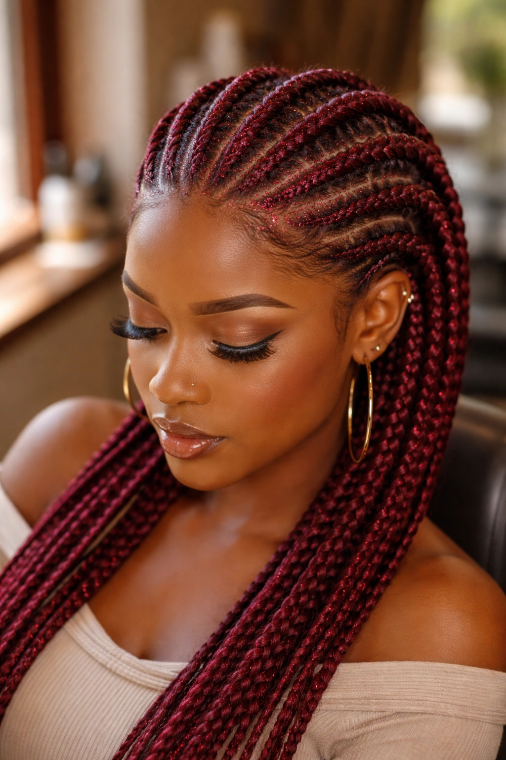 Close-up of burgundy cornrows with glitter roots on a real person in warm salon lighting