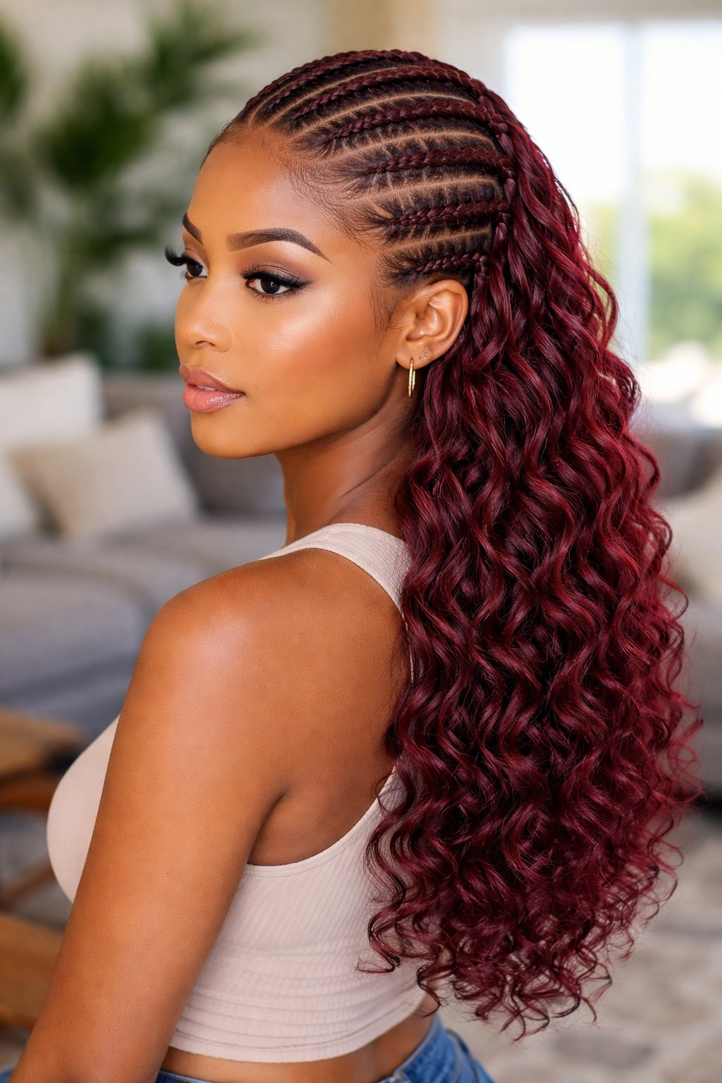 Portrait of a person with burgundy cornrows on top and loose burgundy curls below