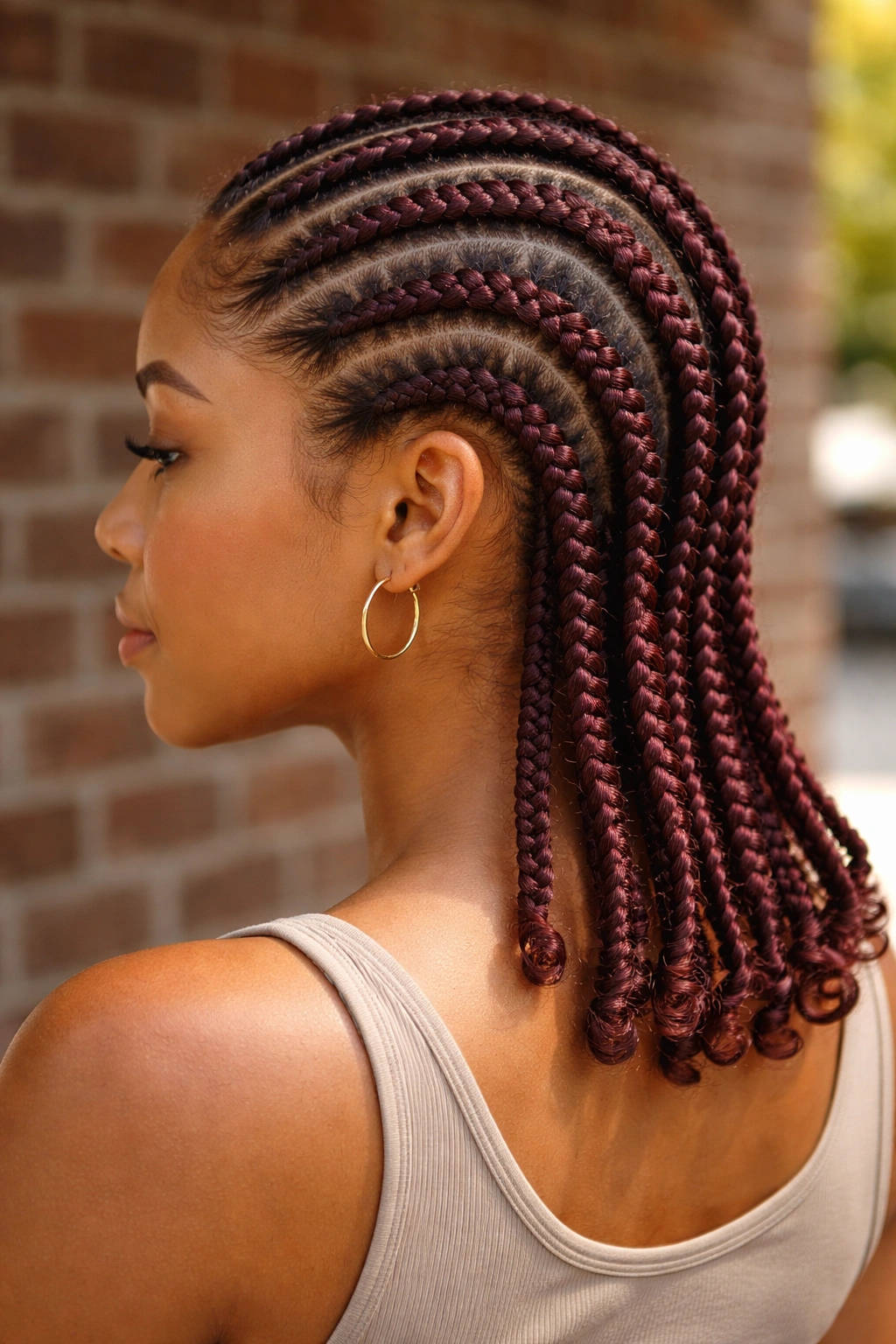 Close-up of burgundy-tinted cornrows on natural hair in sunlight