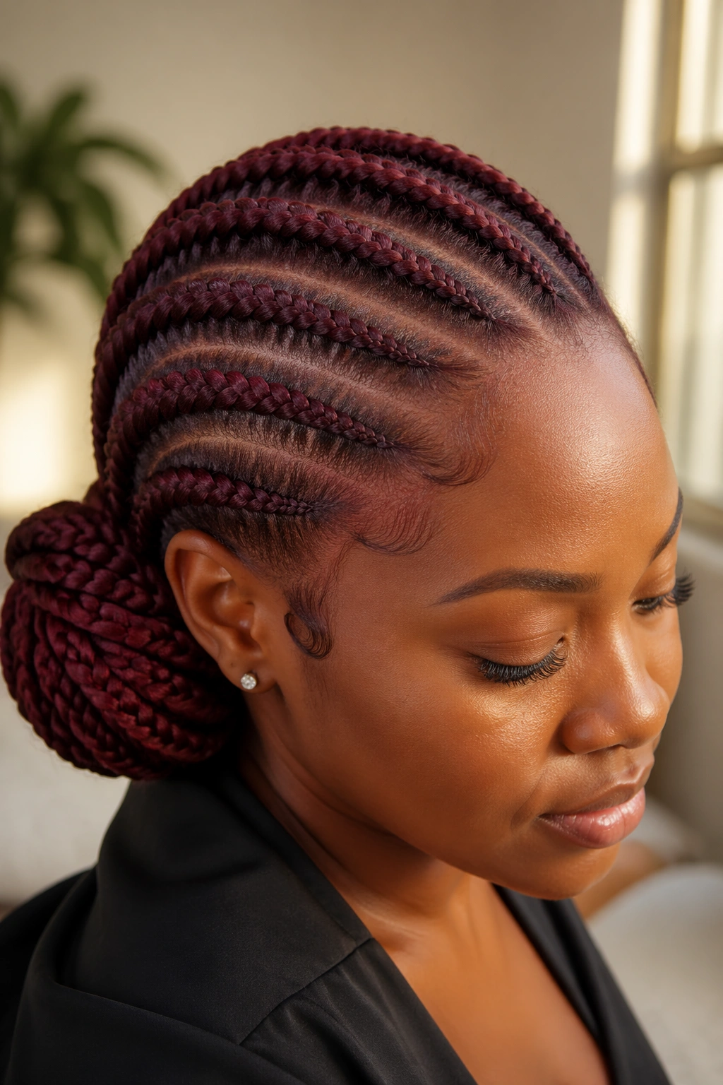 Close-up of a real person with six burgundy feed-in cornrows swept to one side into a low bun behind the ear.