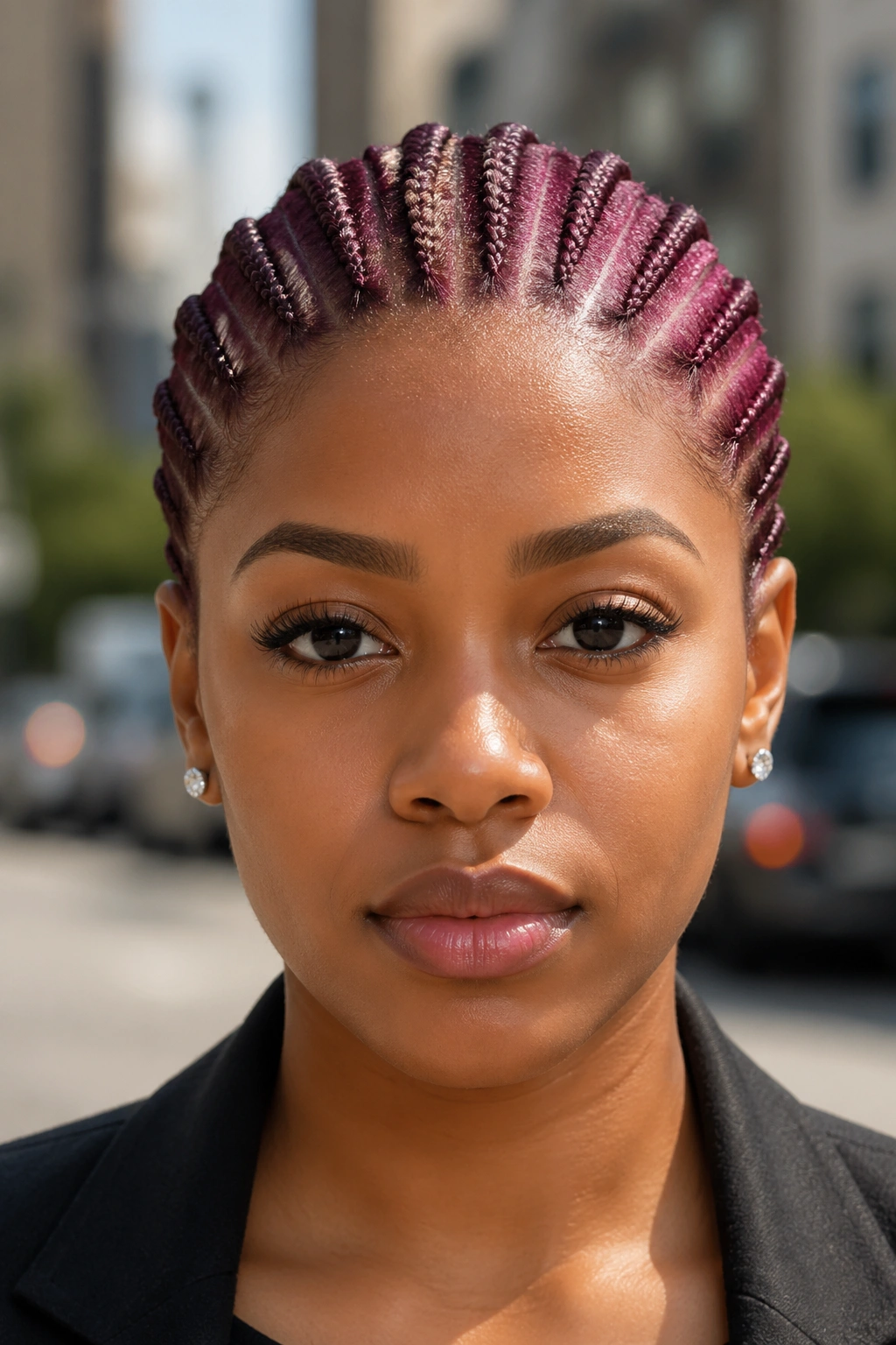 Real person with all burgundy straight-back cornrows.