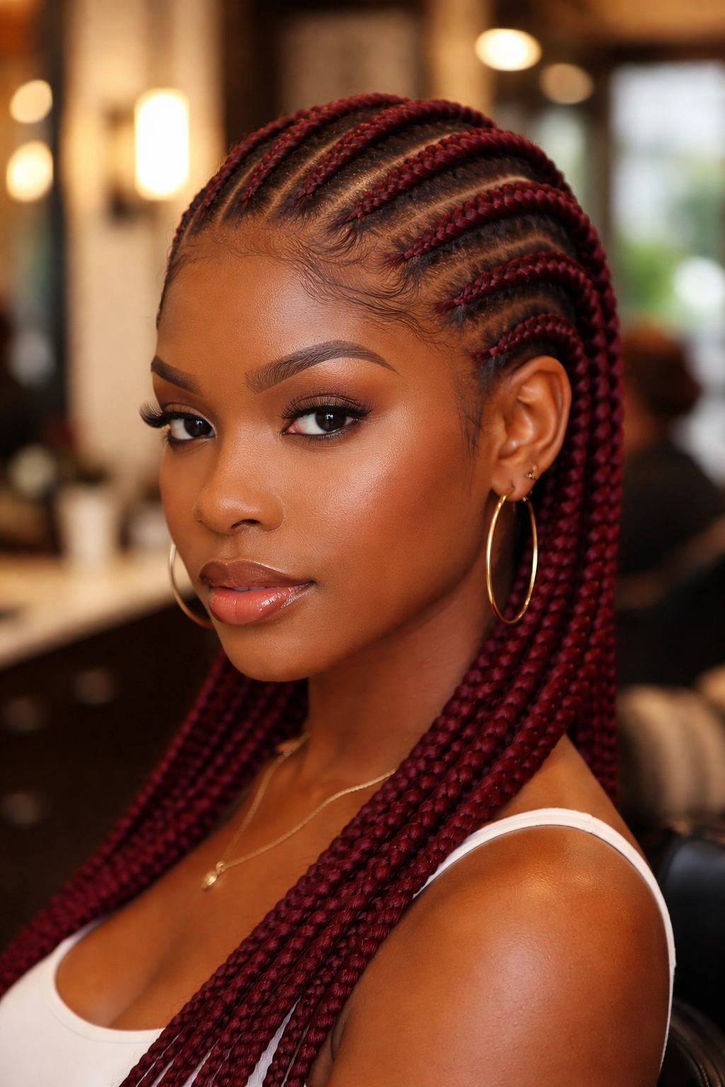 Close-up of burgundy straight-back cornrows on a real person