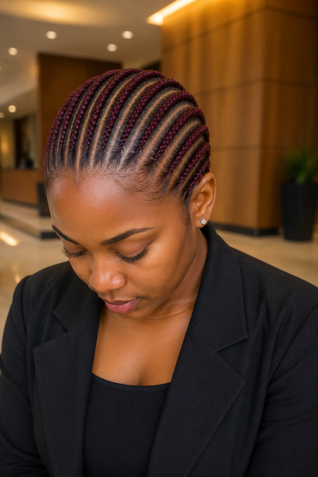 Close-up of a real person with ten burgundy cornrows from hairline to nape