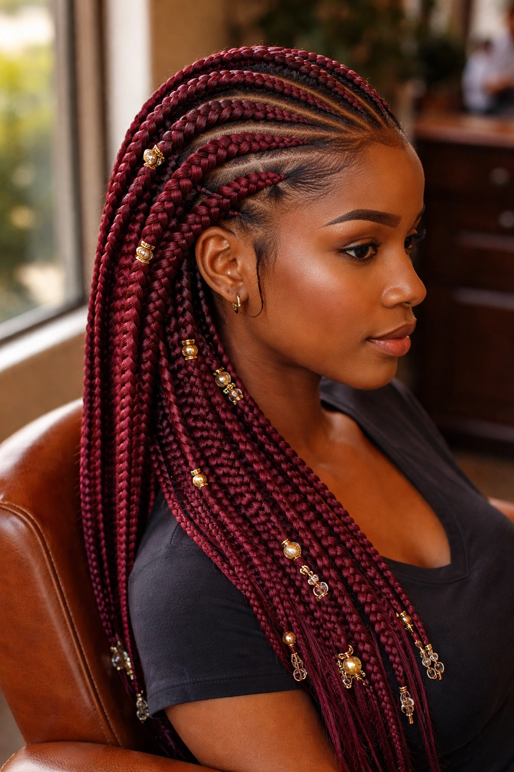 Close-up portrait of burgundy tribal cornrows with mixed braid sizes and cuffs