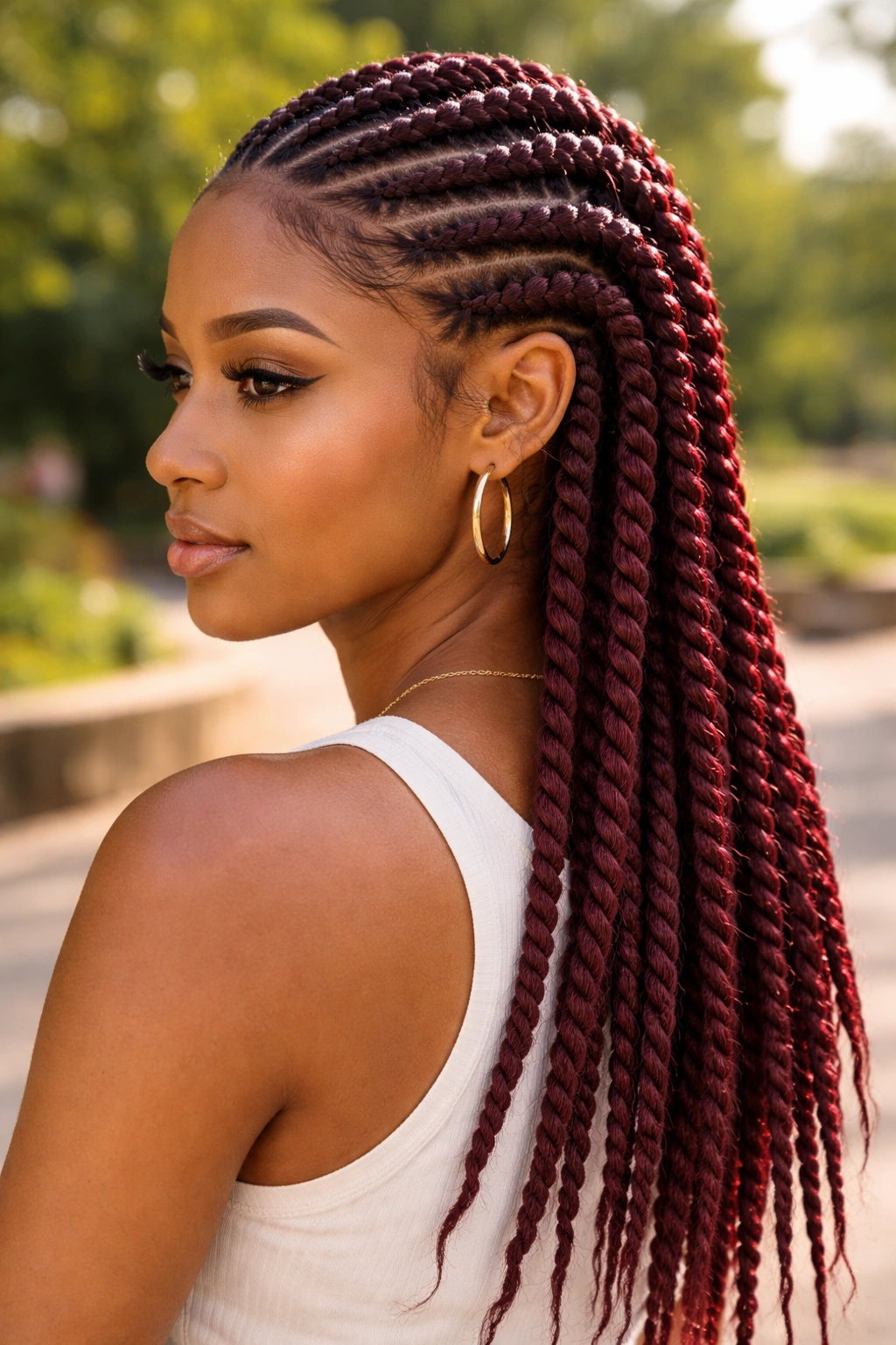 Close-up of burgundy cornrows with two-strand twist tails