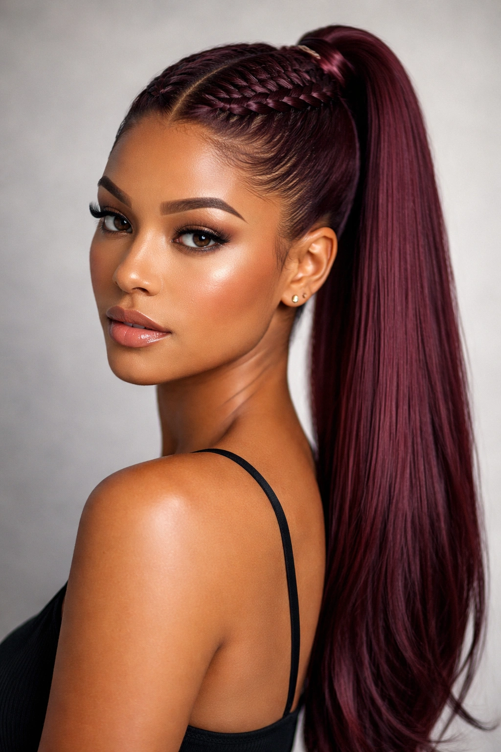 Burgundy ponytail with a slim crown braid in a studio setting