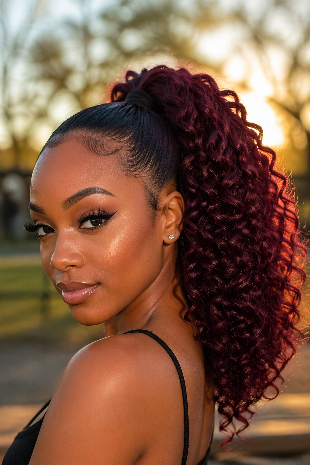 Real woman with burgundy curly drawstring ponytail in park lighting