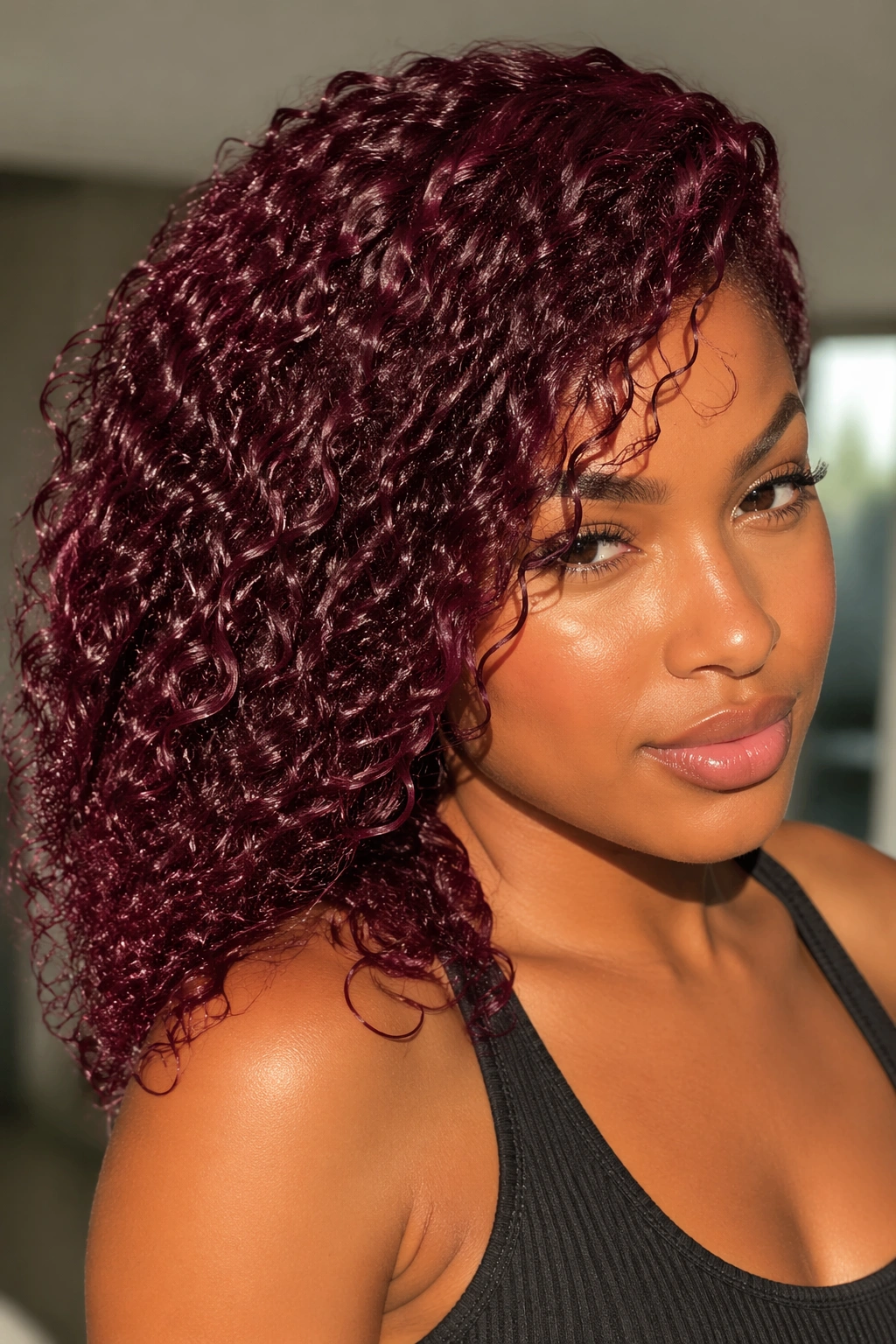 Close-up of a real woman with burgundy hair in sunlight