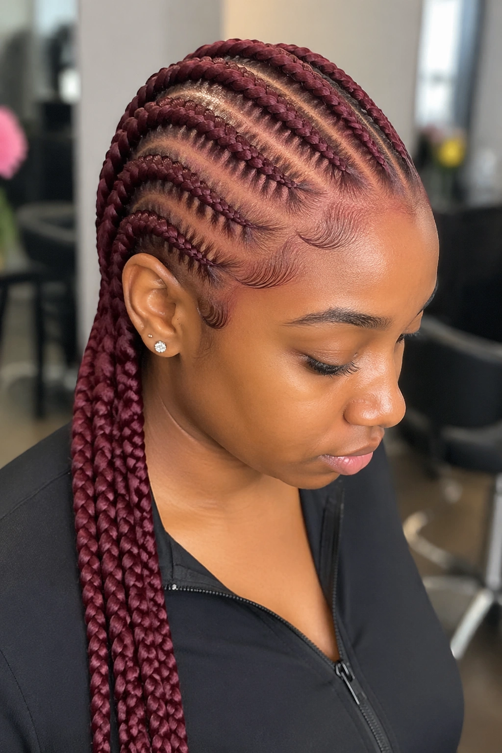Real person with six burgundy feed-in cornrows