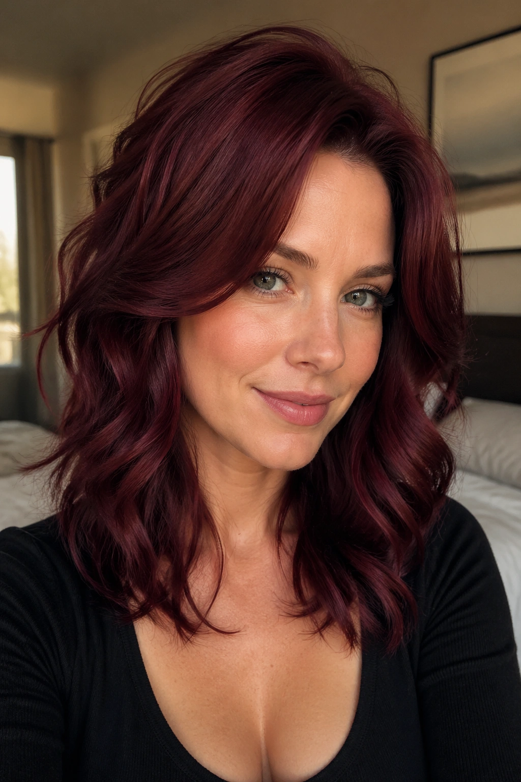 Close-up of a real woman with burgundy layered waves and crown volume in warm window light