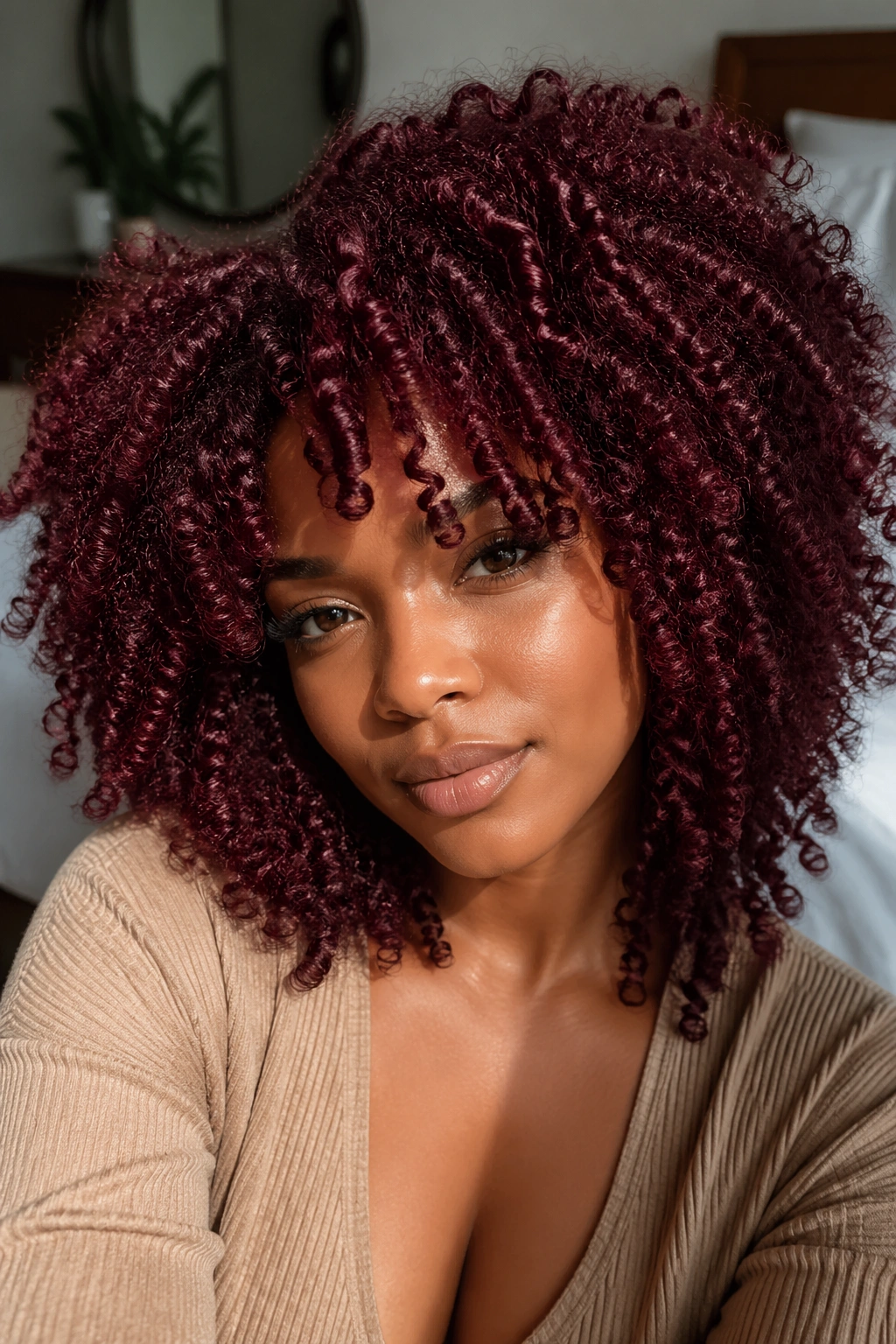 Close-up of a real woman with burgundy all-over color on natural curls.
