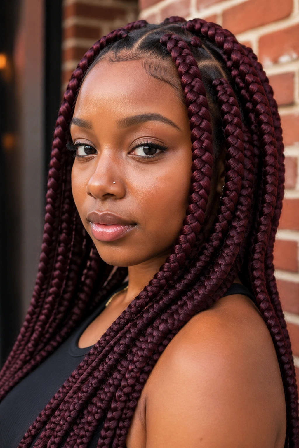 Close-up portrait of real person with burgundy jumbo box braids.