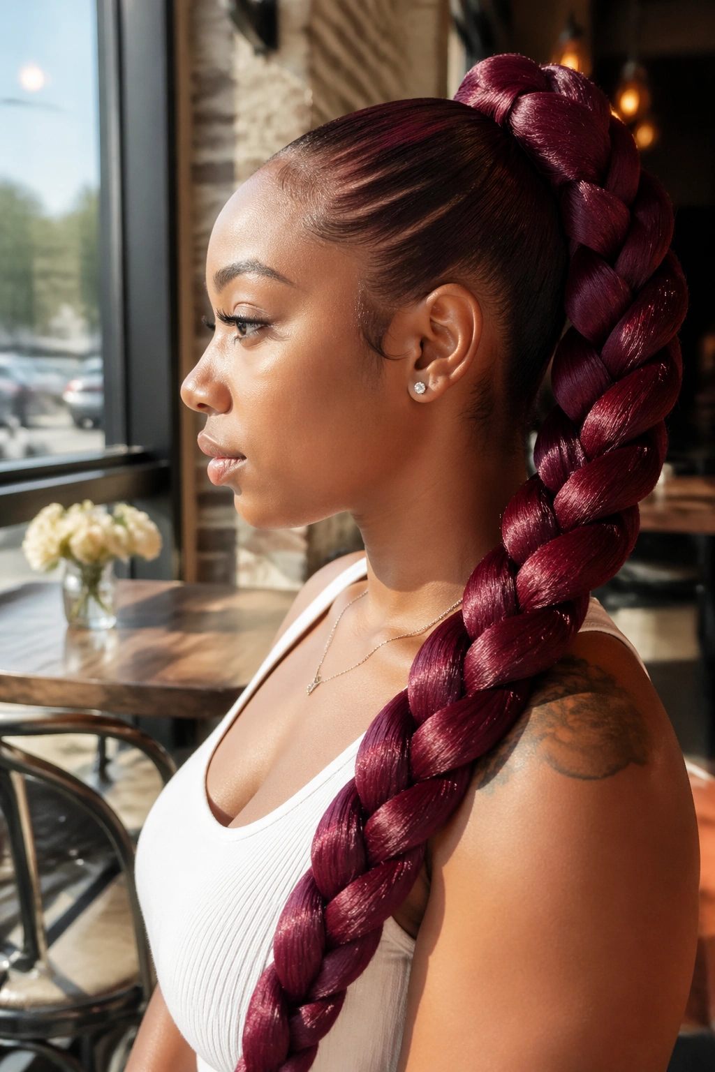 Side-profile of Burgundy jumbo braid ponytail in cafe light.