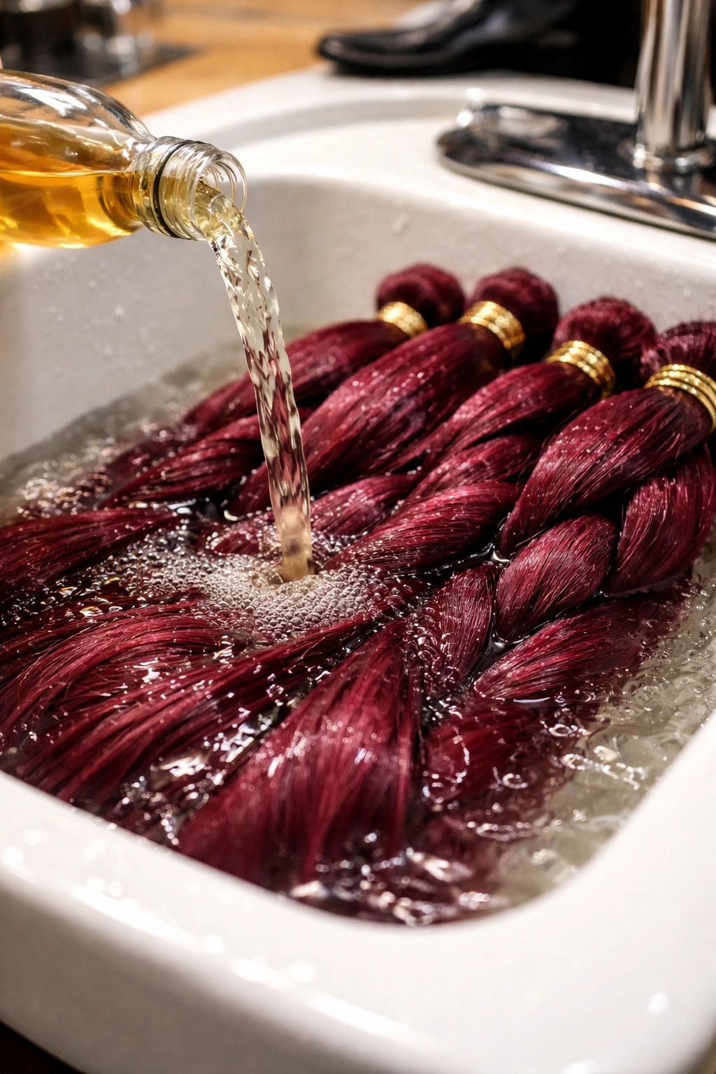 Burgundy kanekalon bundles being pre-rinsed in cool water with ACV