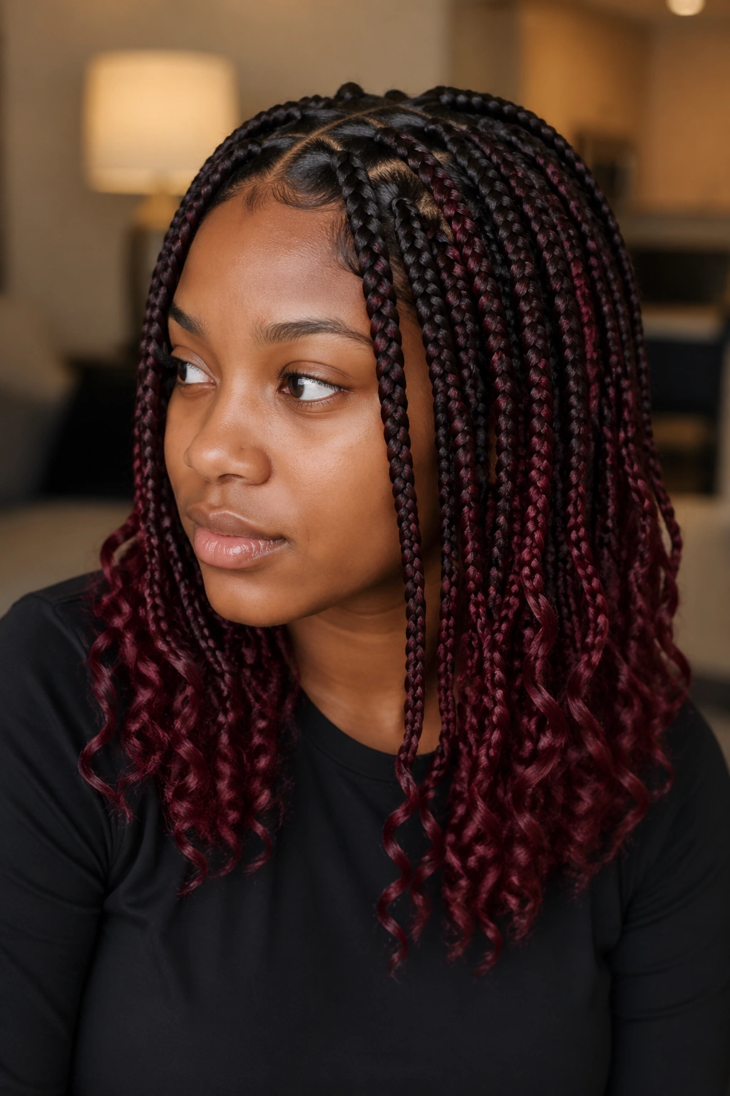 Close-up portrait of a woman with burgundy hidden panels in knotless braids and curly ends.