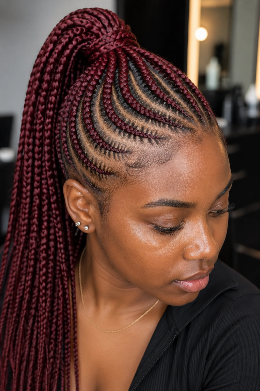 Close-up of a real Black woman with burgundy knotless braids and curved parts into a ponytail.