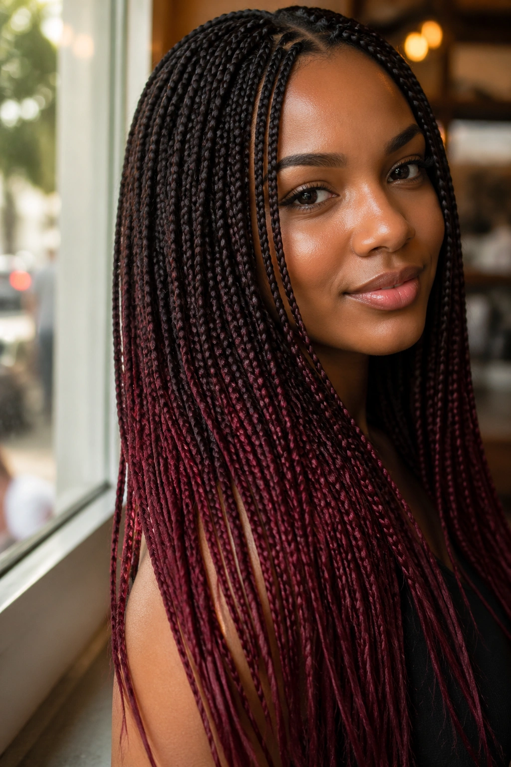 Close-up of a real person with burgundy knotless braids