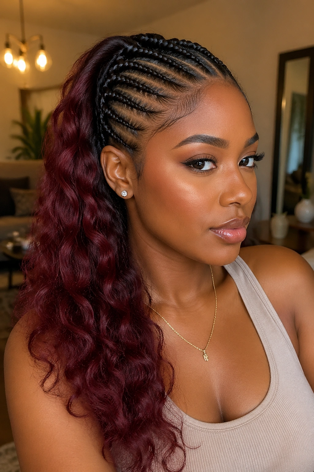 Real woman with burgundy loose hair contrasting with natural cornrows