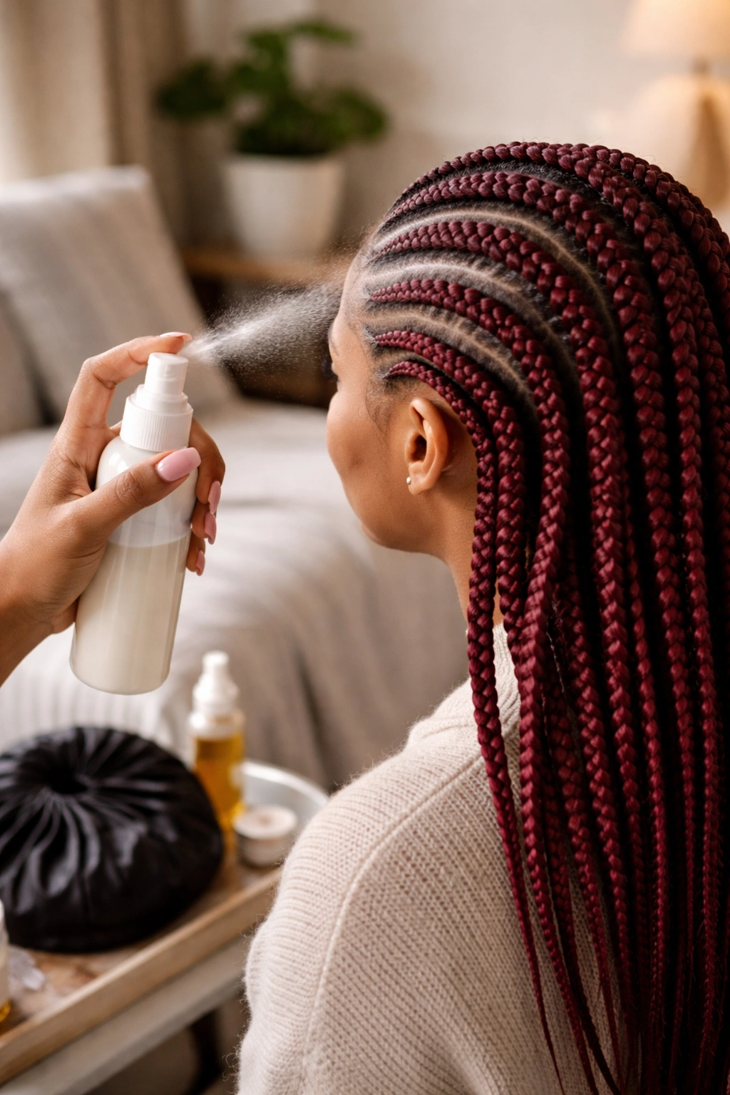 Hands applying spray to burgundy hair during daily maintenance