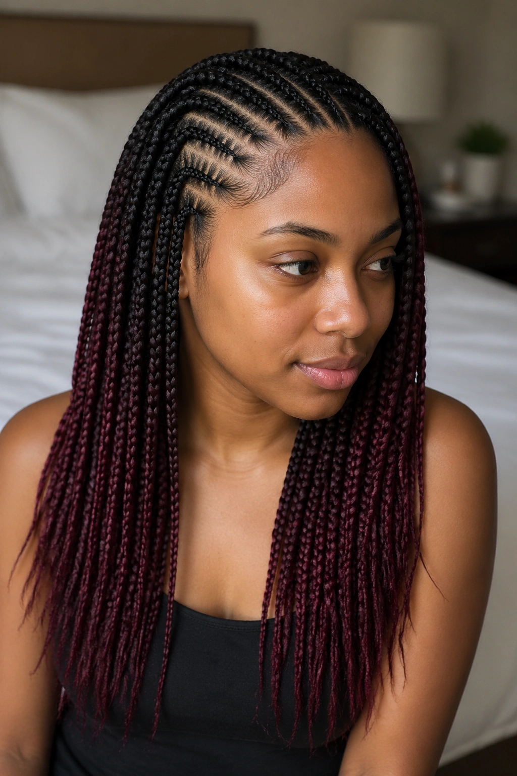 Close-up of a real woman with burgundy ombre feed-in braids and natural roots