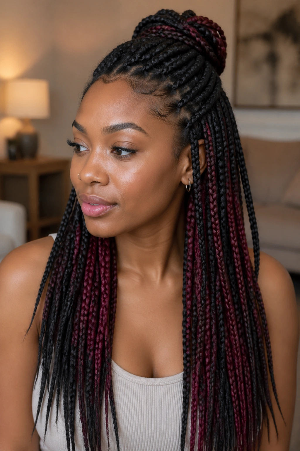Close-up of a real person with burgundy peekaboo under jet-black top braids
