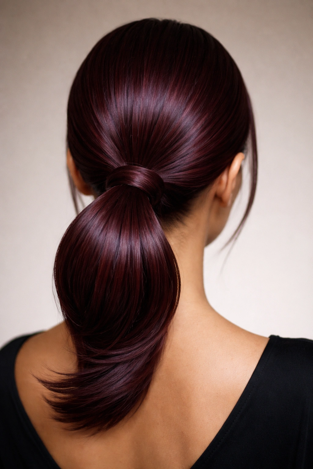 Low burgundy ponytail to bun hybrid with folded loop at the nape in studio lighting