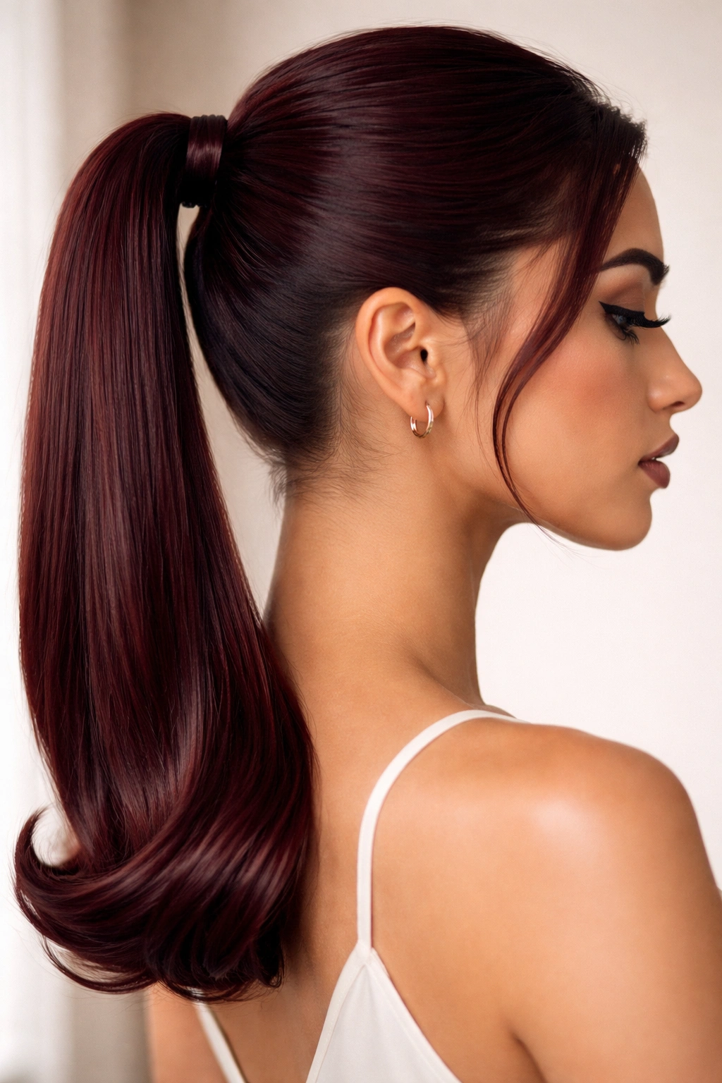 Side view of burgundy ponytail with subtle curled-under ends