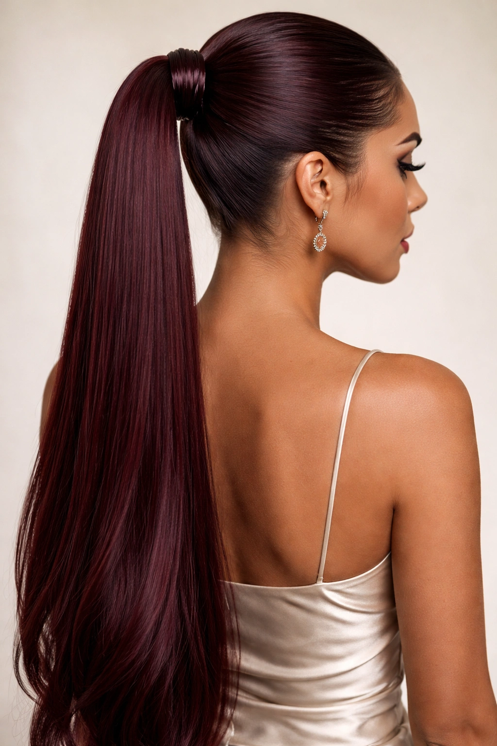 Close-up of an extra-long burgundy sleek ponytail with a skinny extension wrap in studio lighting