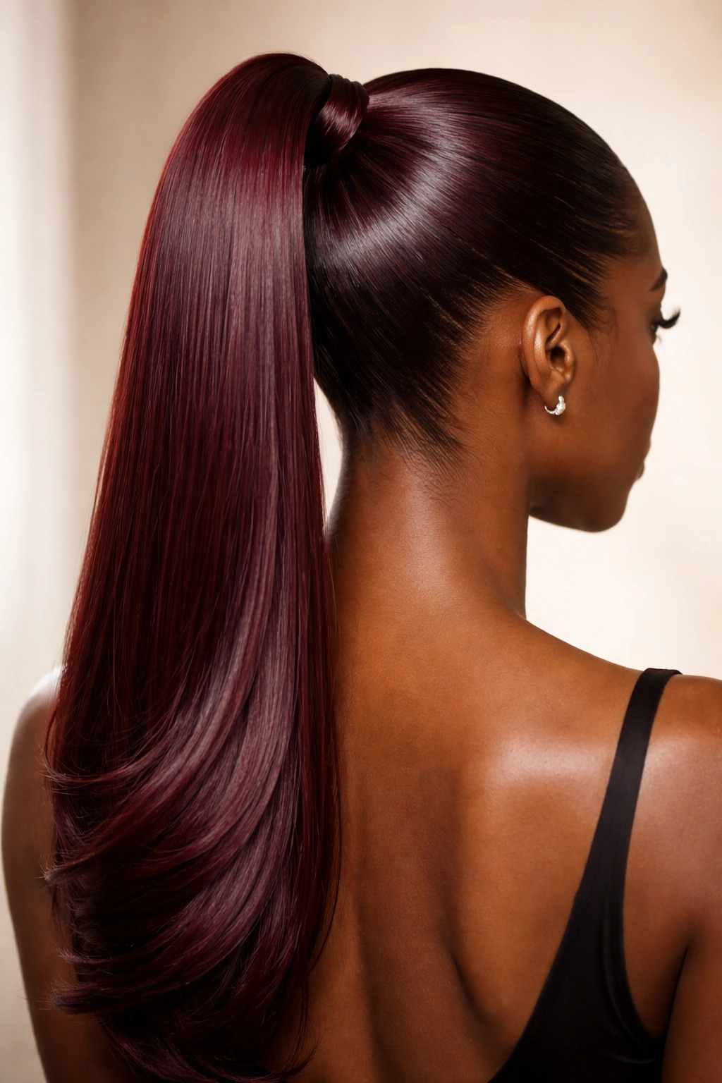 Close-up back view of a deep burgundy sleek ponytail with high shine.