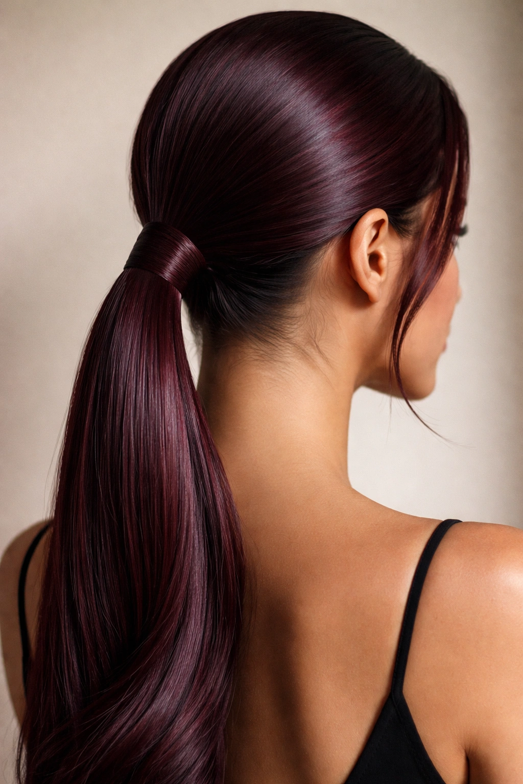 Close-up of a glossy burgundy low ponytail with a wrapped base at the nape