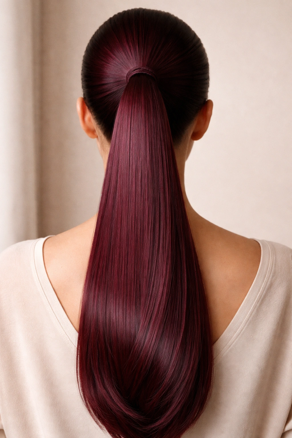Burgundy ponytail with satin-flat finish and even color
