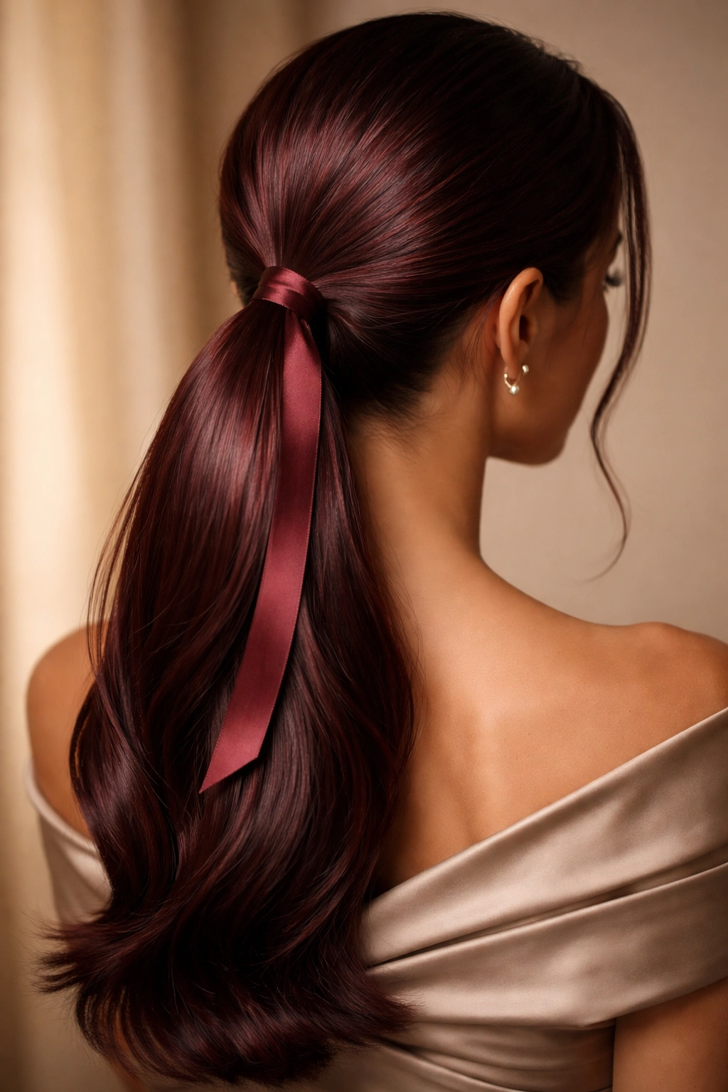 Burgundy sleek ponytail at a low base with a narrow satin ribbon wrapped around