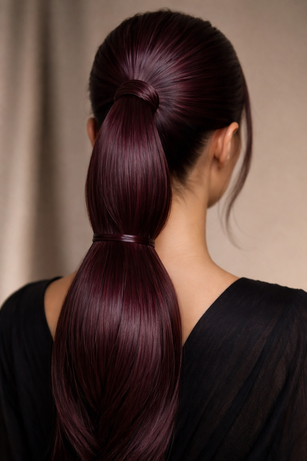 Close-up of a burgundy split-section ponytail with two sleek bands creating a fuller base