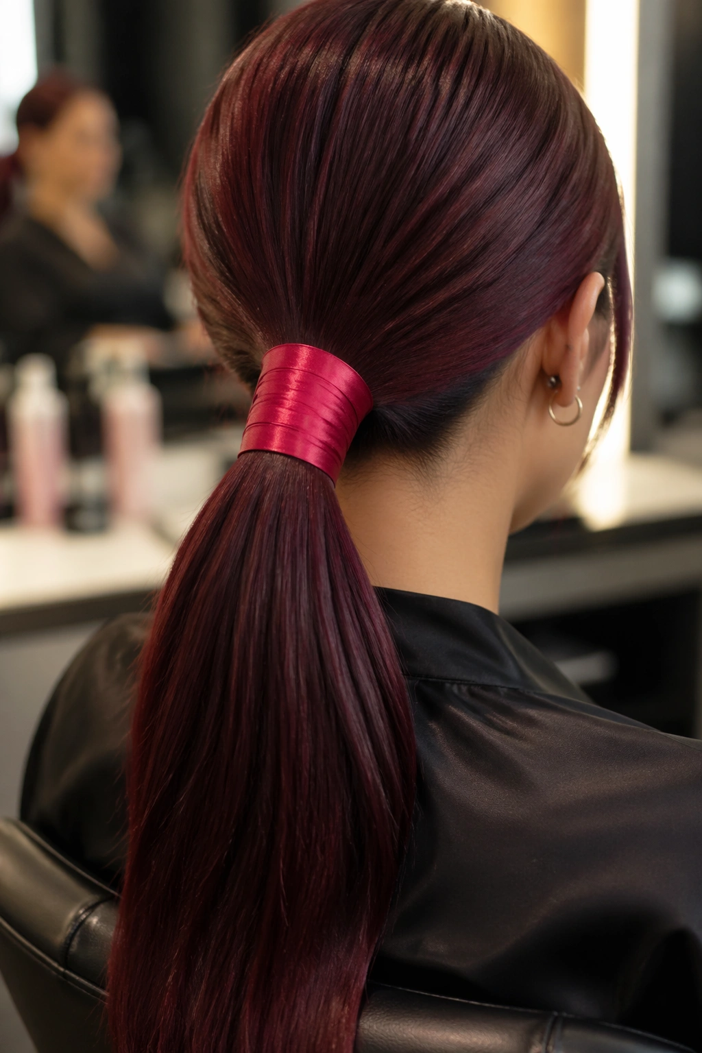 Close-up burgundy low pony with bright wrap in salon