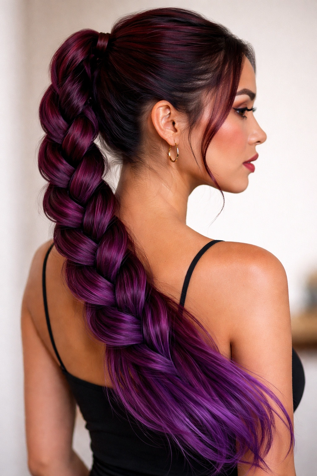 Gradient burgundy-to-purple braided ponytail with movement.
