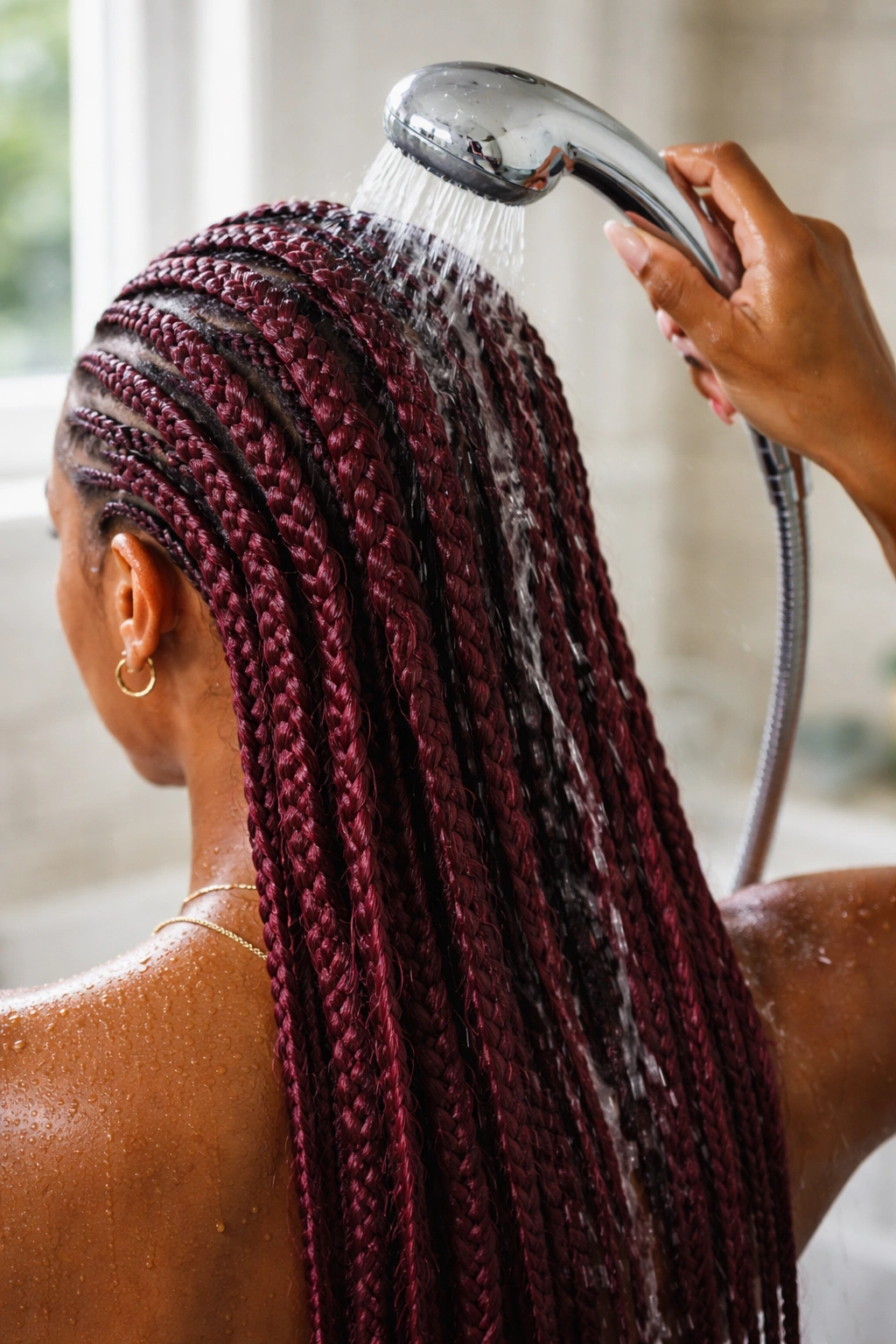 Person rinsing burgundy cornrows under cool water in a bathroom