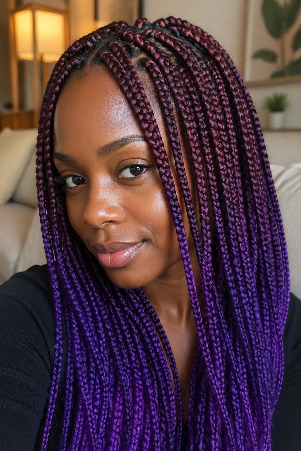Close-up of burgundy roots with purple ends box braids on a real person