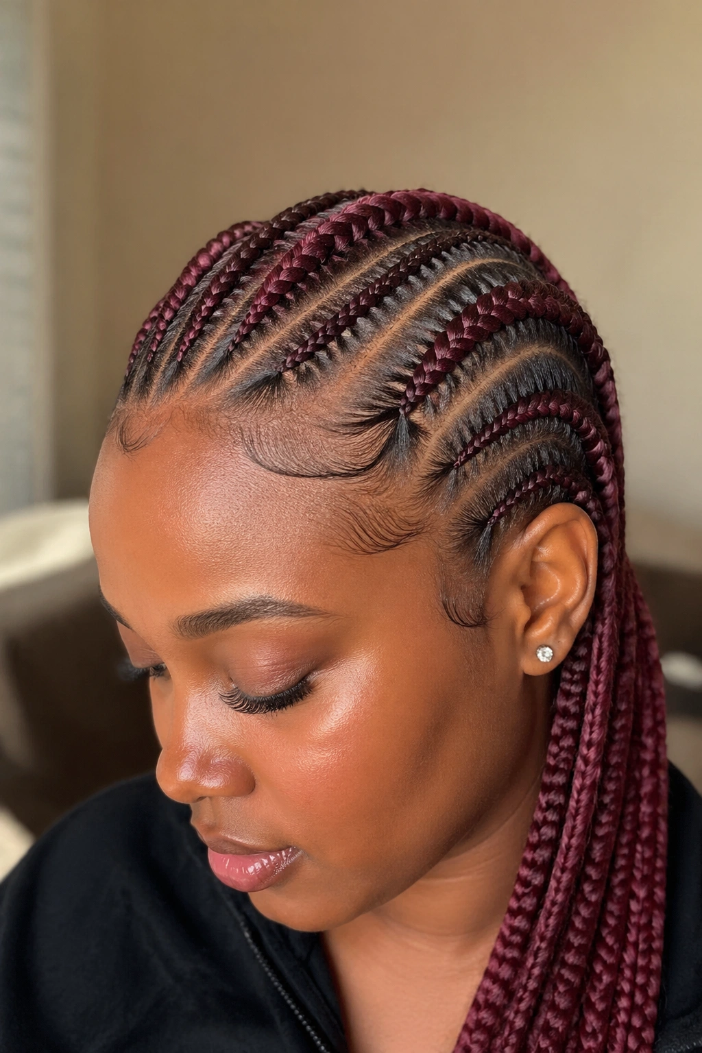 Close-up of burgundy stitch cornrows on a real person