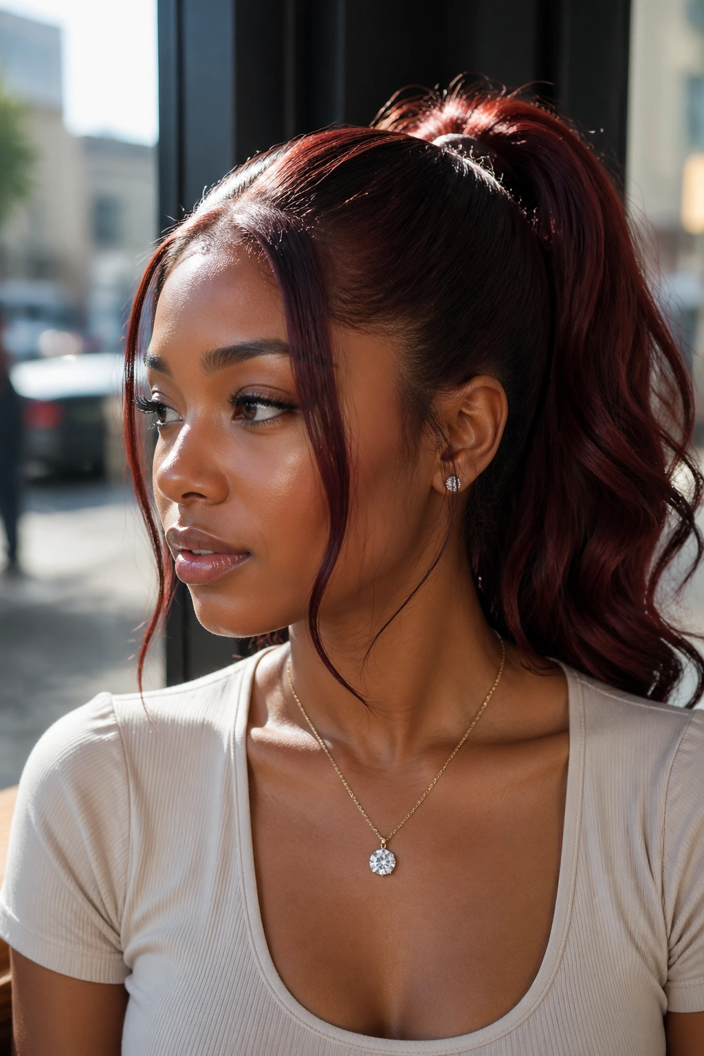 Portrait of a real woman with burgundy swoop and face-framing pieces, soft daylight