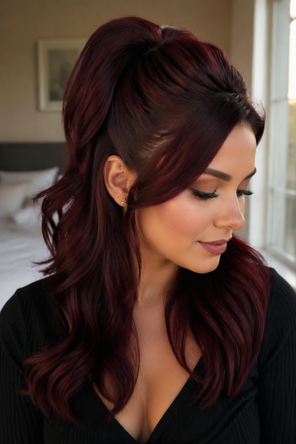 Close-up portrait of a real woman with half-up burgundy swoop ponytail under warm window light
