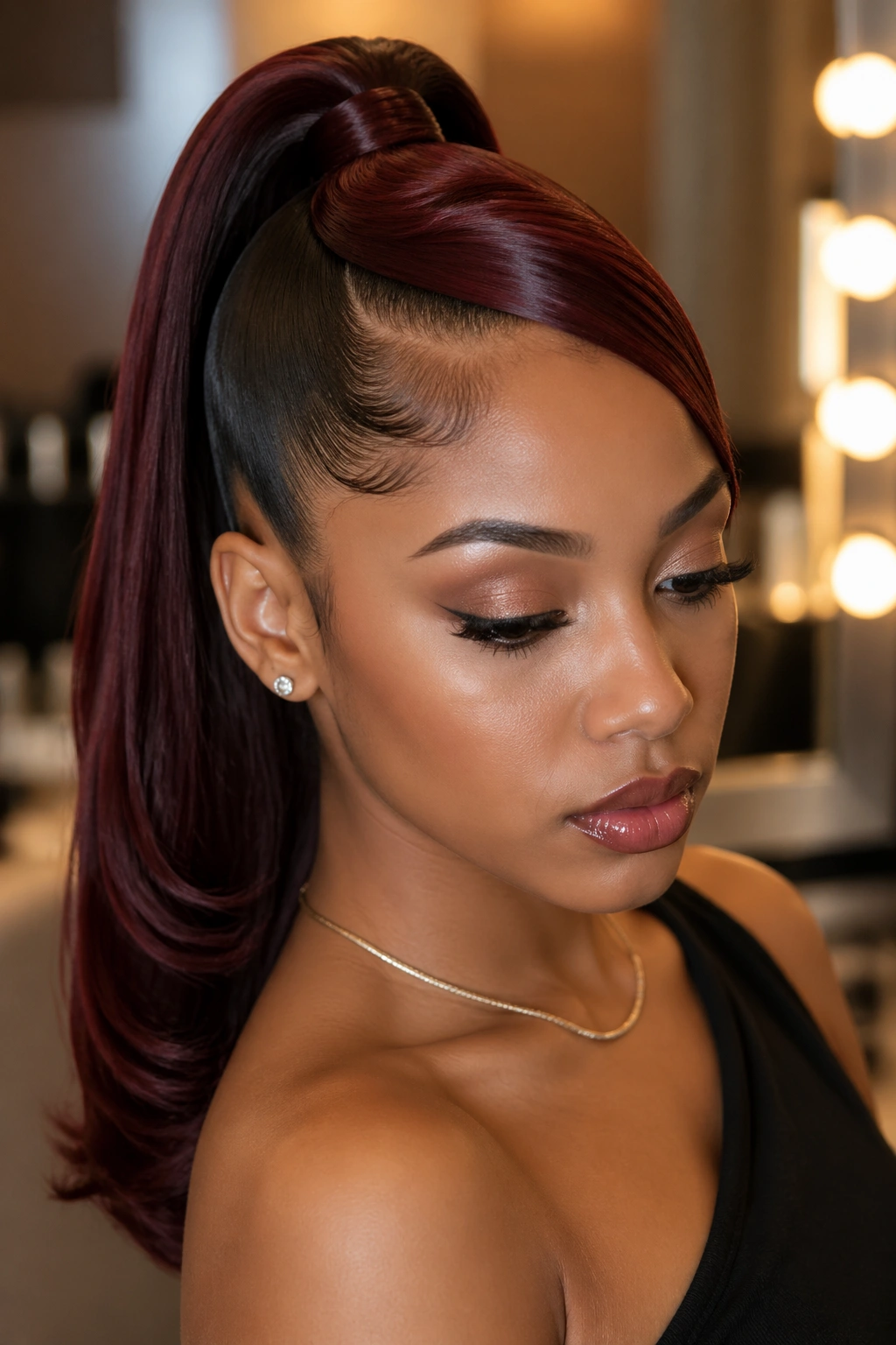 Portrait of a real woman with a high sleek burgundy swoop ponytail in a dressing room